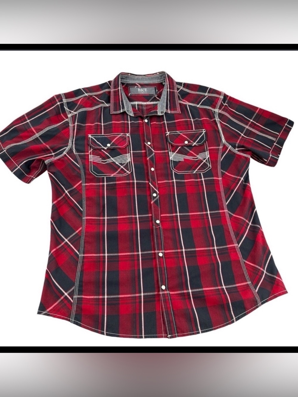 BKE Mens Relaxed Fit Red Plaid Short Sleeve Pearl Snap Rockabily Shirt Size XXL